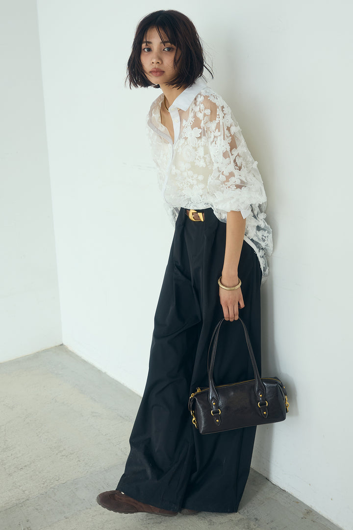 [SET]立体フラワー刺繍レースシャツ+ベルトループデザインハイウエストタックパンツ(2set)