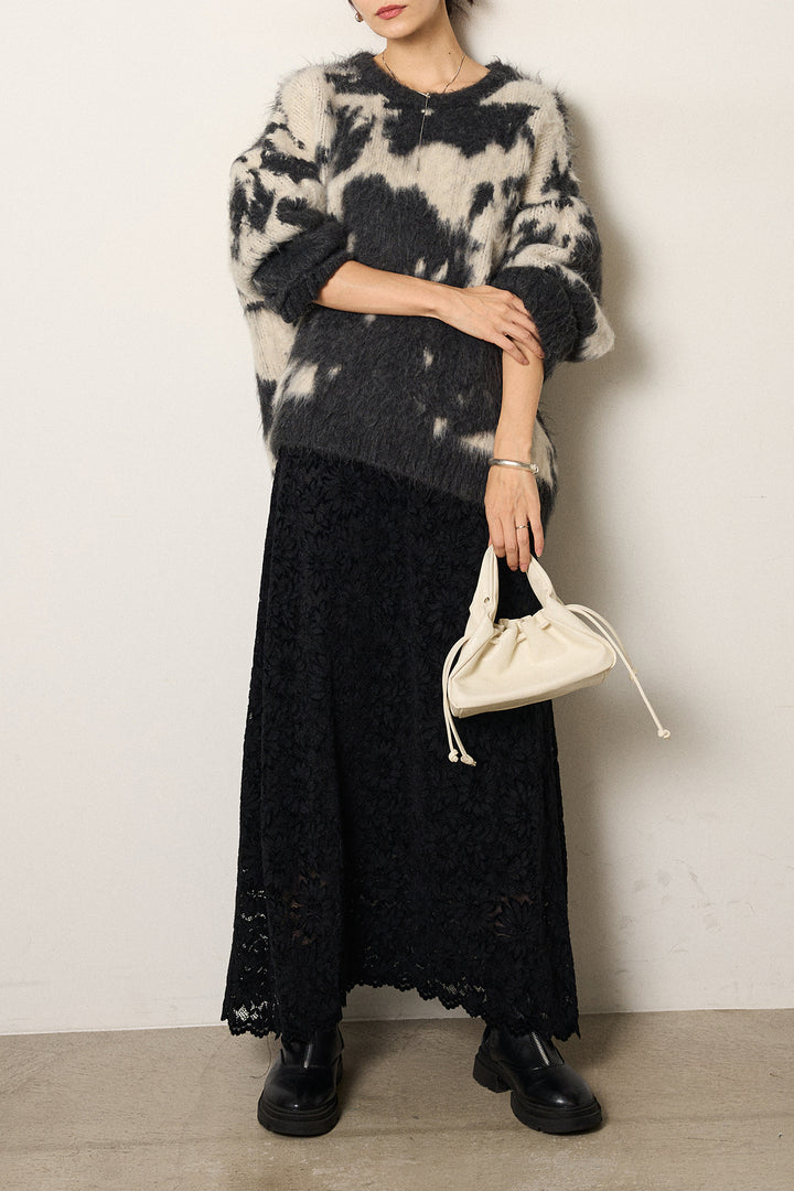 [SET]モヘアタッチマーブルニット+花柄刺繍ベロアフレアスカート(2set)