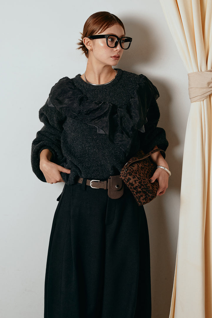 [SET]アシンメトリーフリルニットトップス+ポーチベルト付きカーブパンツ(2set)