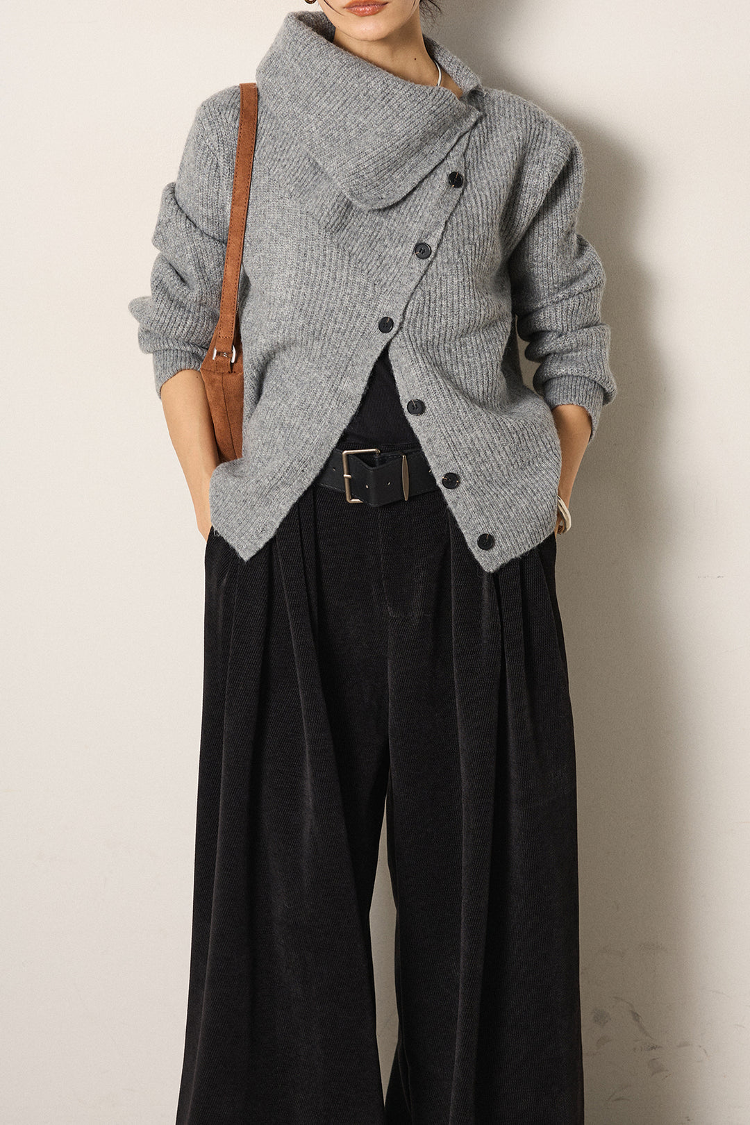 [SET]ボタンデザインネックニットプルオーバー+ベルトループコーデュロイワイドパンツ(2set)
