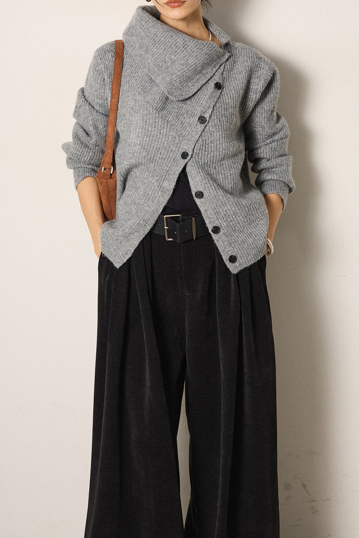 [SET]ボタンデザインネックニットプルオーバー+ベルトループコーデュロイワイドパンツ(2set)