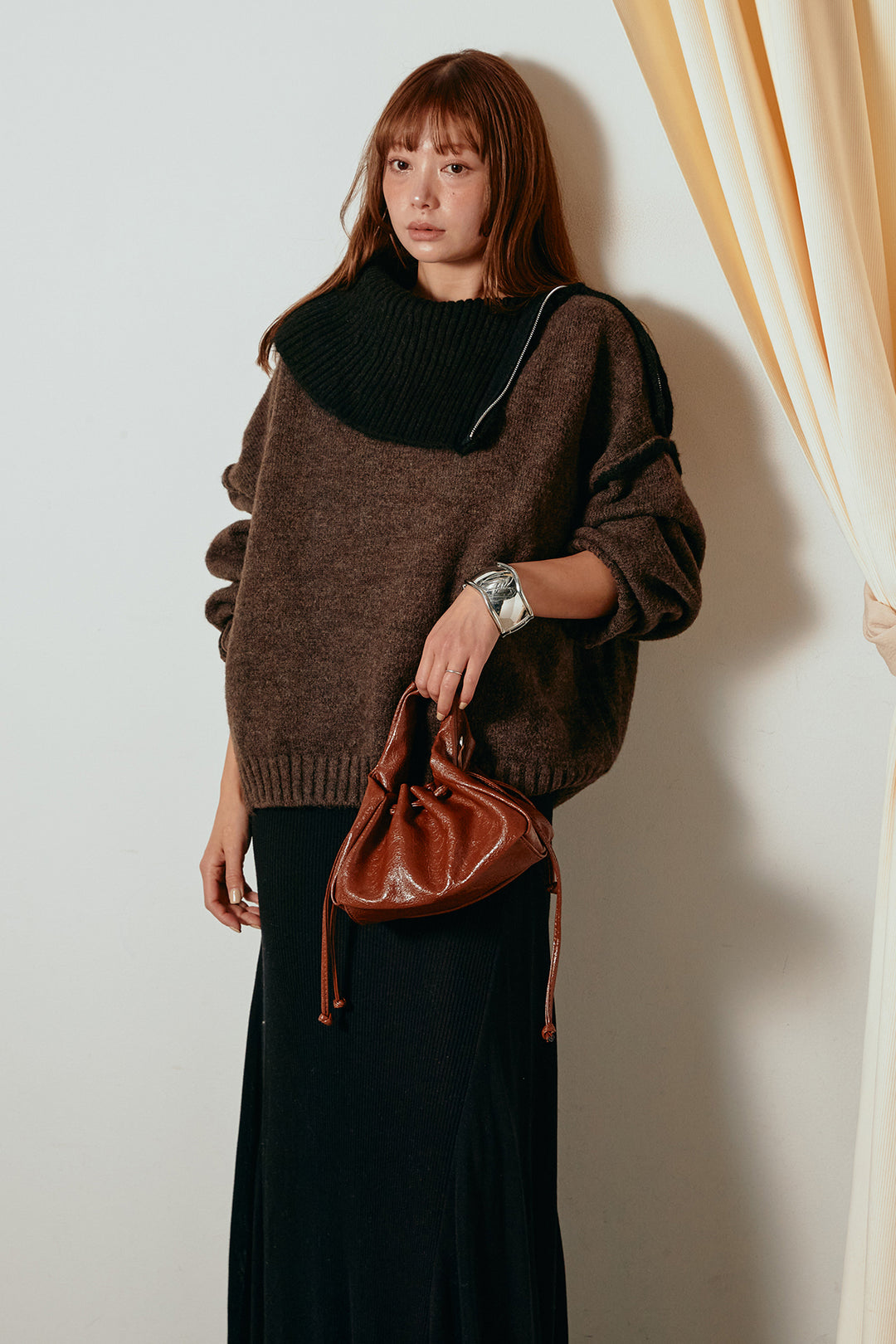 [SET]ハイネックジップデザインニットトップス+サイド切り替えリブニットロングスカート(2set)