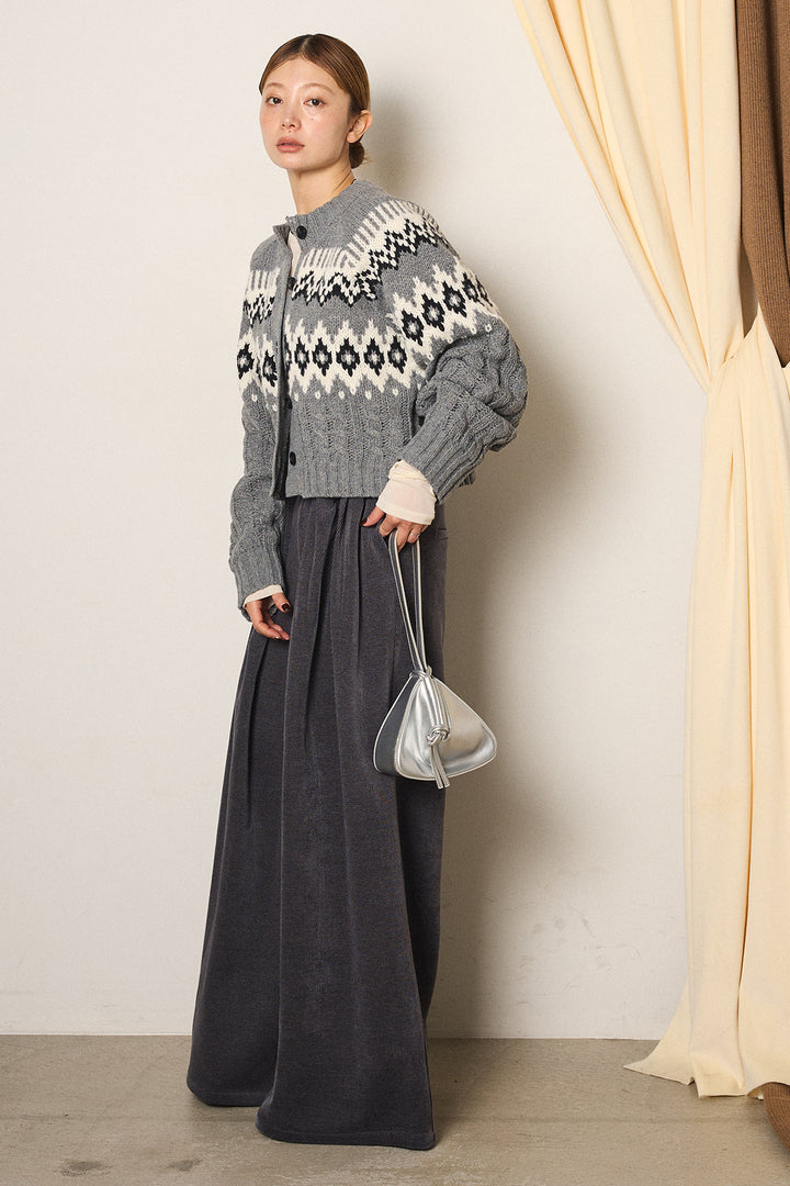 [SET]2WAY求心柄ジャガードショートカーディガン+ベルトループコーデュロイワイドパンツ+2WAY袖コード刺繍クルーネックプルオーバー(3set)