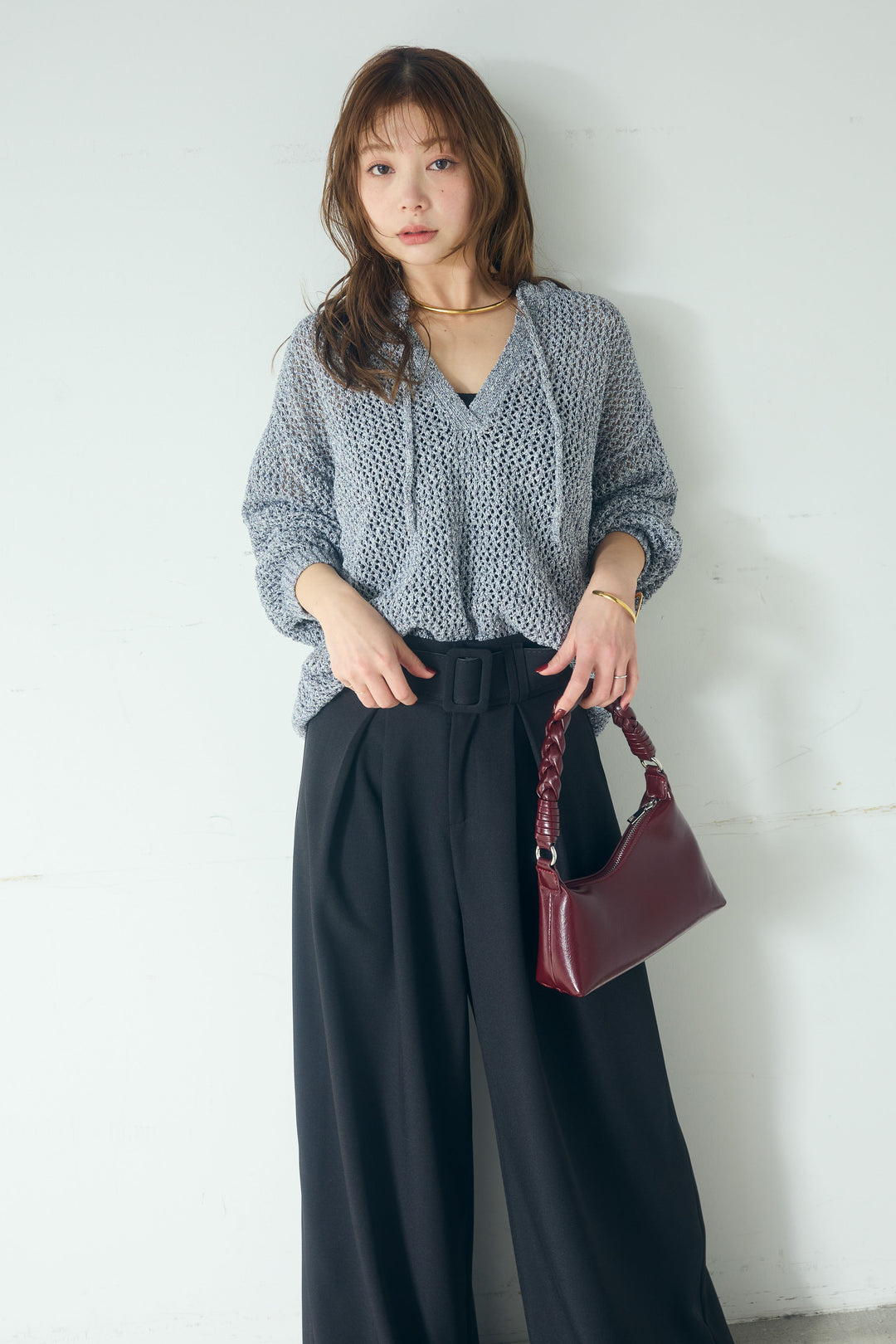【即納】ミックスメッシュキーネックプルオーバー