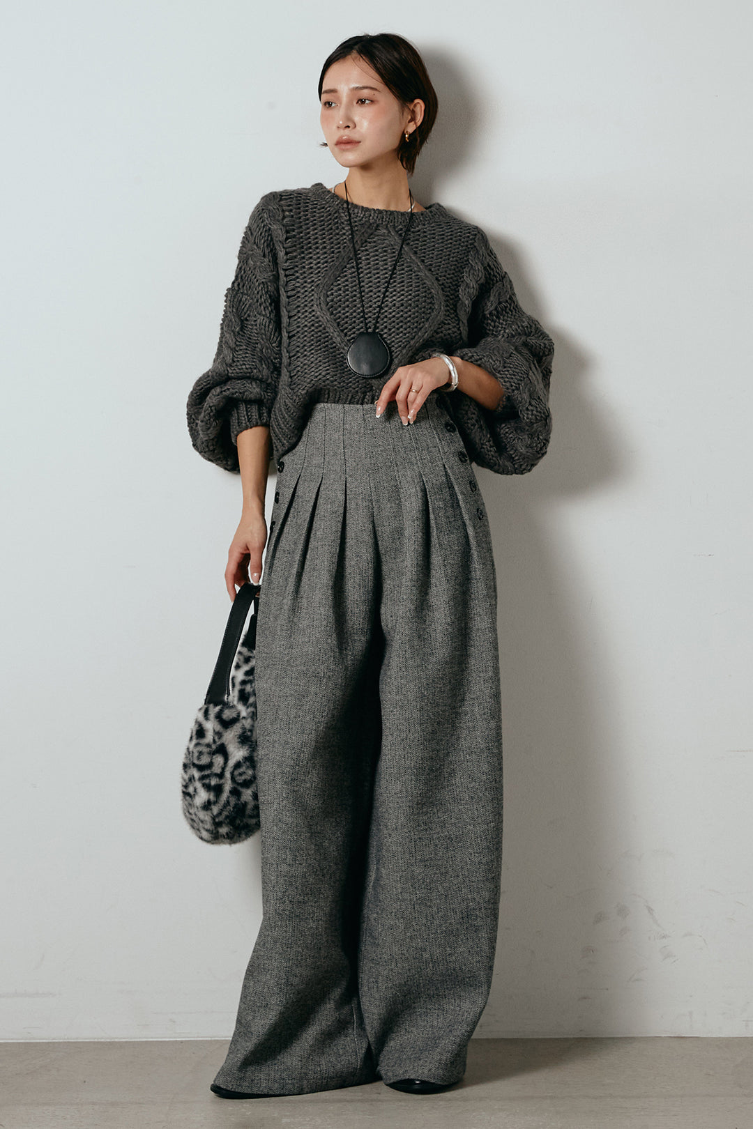 [SET]ロービングケーブルショート丈プルオーバー+サイドボタンツイードタックパンツ(2set)