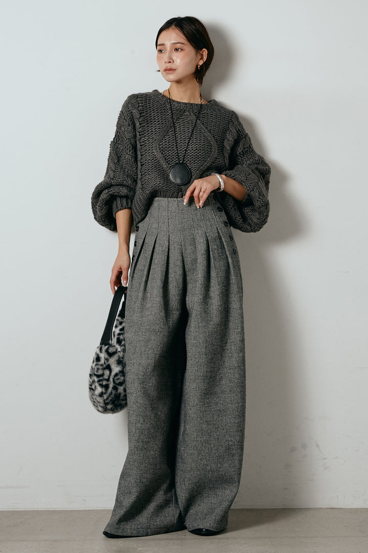 [SET]ロービングケーブルショート丈プルオーバー+サイドボタンツイードタックパンツ(2set)