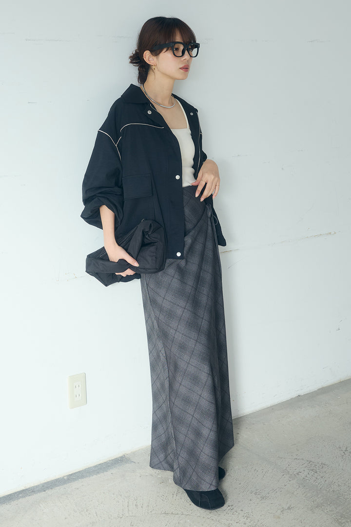 [SET]合繊ツイルバルーンジャケット+タータンチェック柄フロントデザインスカート(2set)