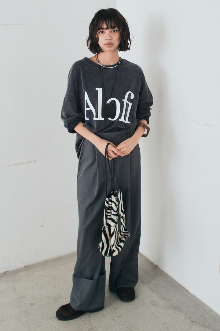 [SET]裾センタードロストロゴプリントワイドTシャツ+センタープレスセミワイドパンツ(2set)