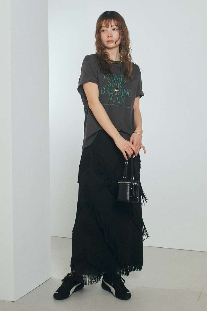 [SET]半袖TIMEロゴカットソー+斜めフリンジデザインスカート(2set)