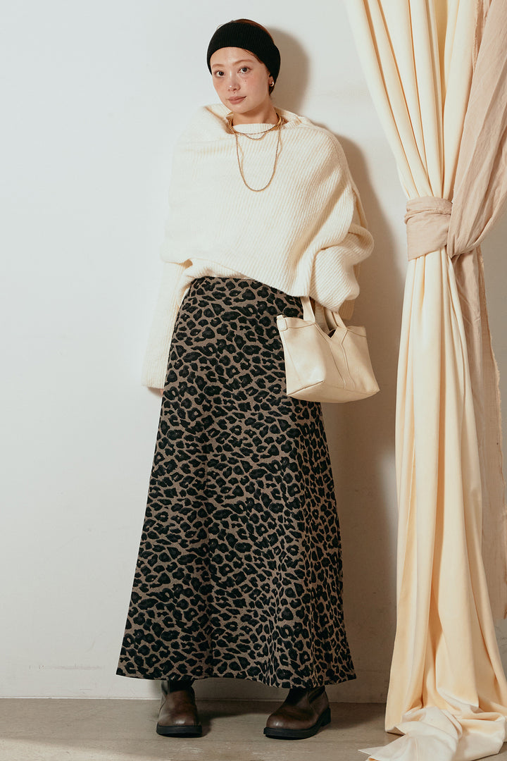 [SET]ケープデザインリブニットトップス+レオパードロングスカート(2set)
