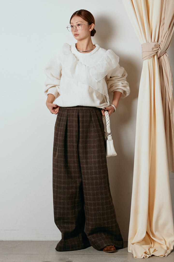 [SET]アシンメトリーフリルニットトップス+ウールライクチェックタックパンツ(2set)