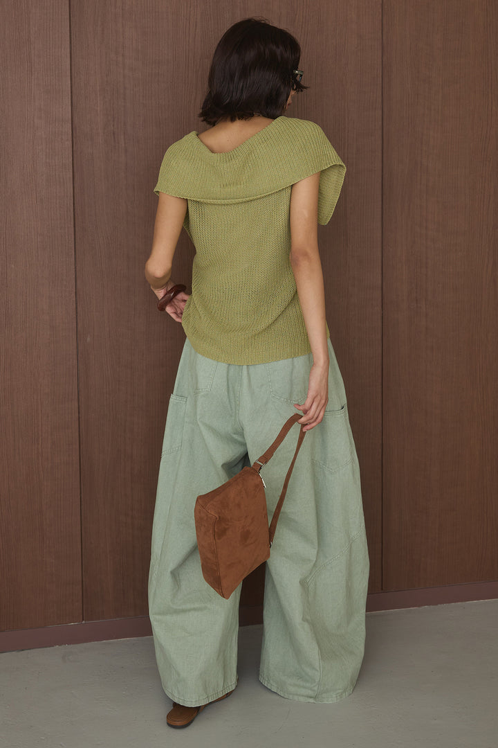 [SET]ビッグカラーボタンニットトップス+ベルト付きカラーデニムパンツ(2set)