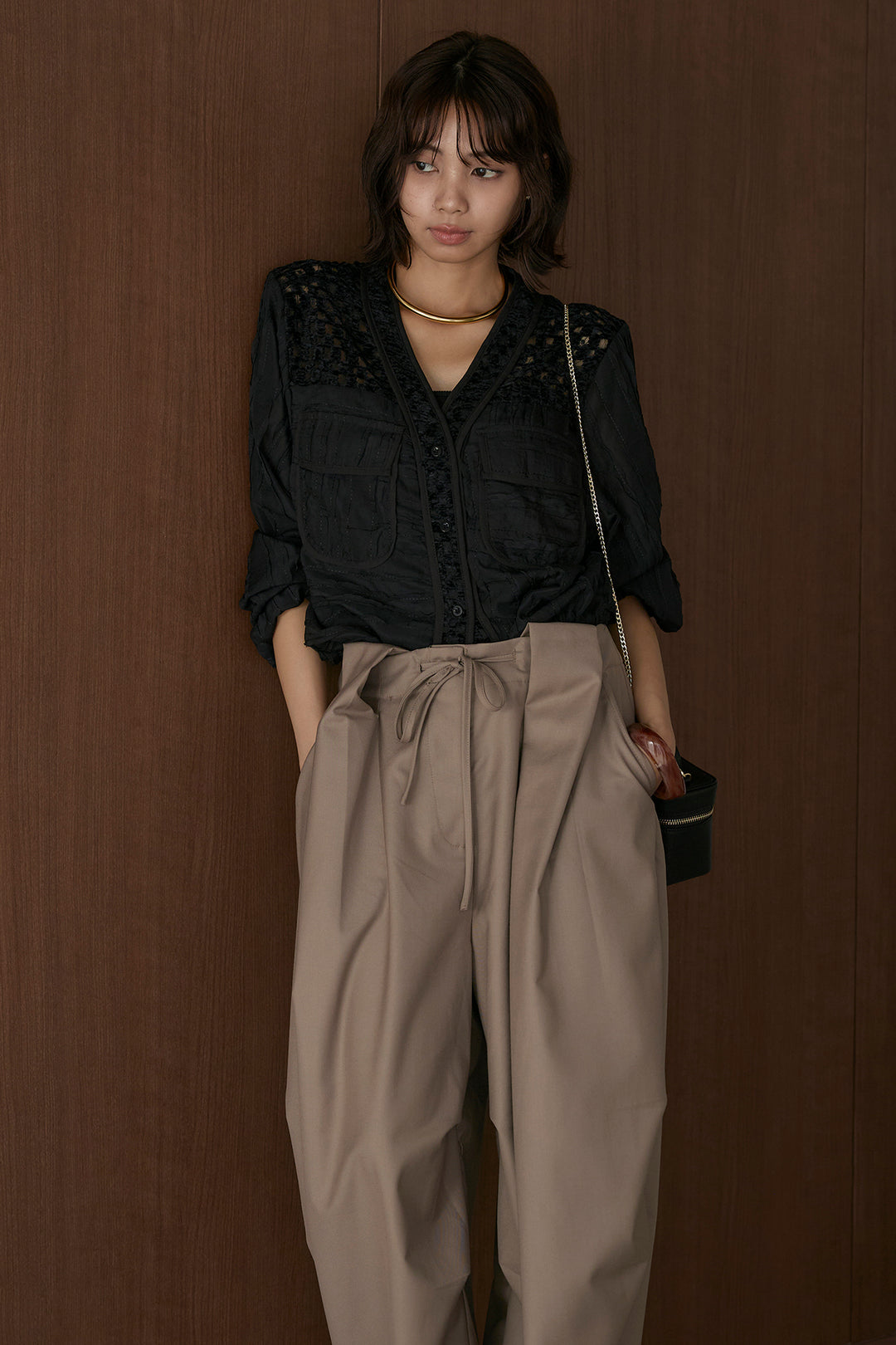 [SET]異素材切替シアーメッシュカーディガン+ベルトループワイドパンツ(2set)