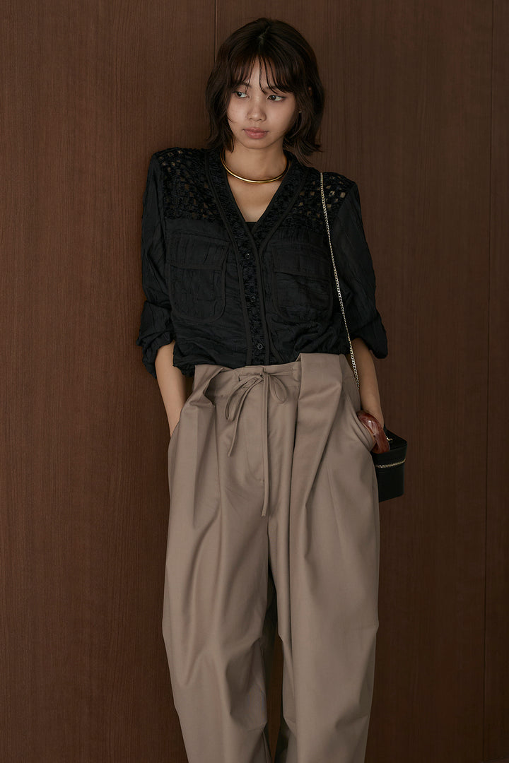 [SET]異素材切替シアーメッシュカーディガン+ベルトループワイドパンツ(2set)