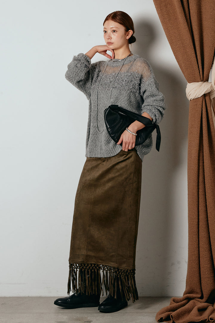[SET]パターンランダム編みニットトップス+スウェードライク裾フリンジスカート(2set)