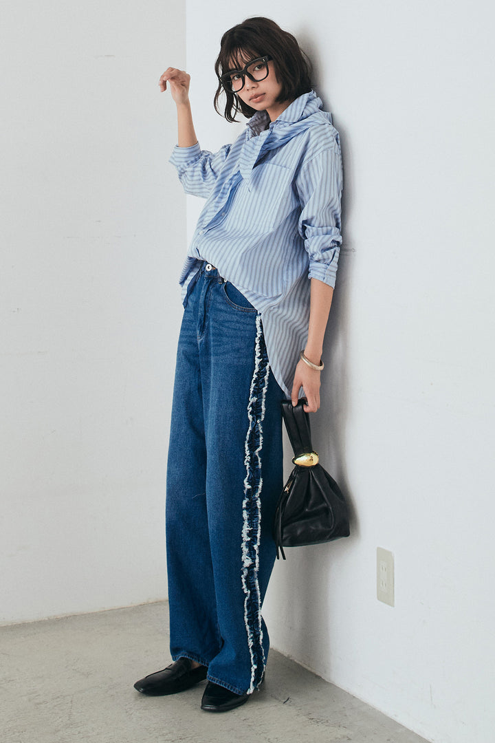 [SET]ランダムストライプスカーフ付きシャツ+デニムサイドフリルパンツ(2set)