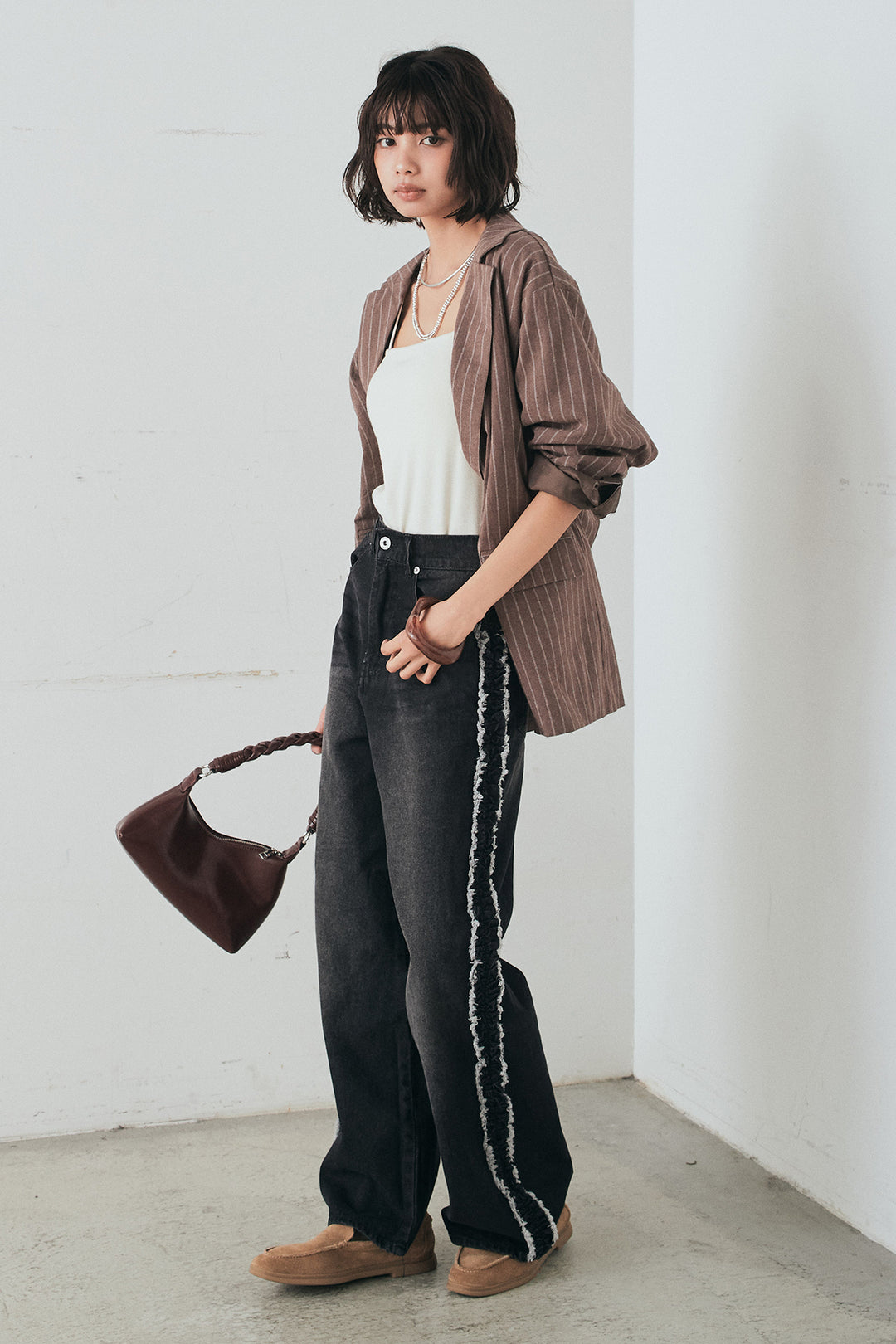 [SET]リネンライクストライプテーラードジャケット+デニムサイドフリルパンツ(2set)