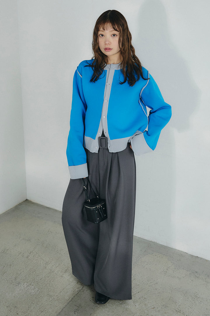 [SET]リバーシブル配色ニットカーディガン+ベルト付きツータックワイドパンツ(2set)