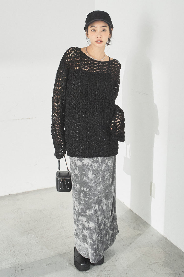 [SET]リラックスメッシュニットトップス+タイダイ柄ベロアワイドスカート(2set)