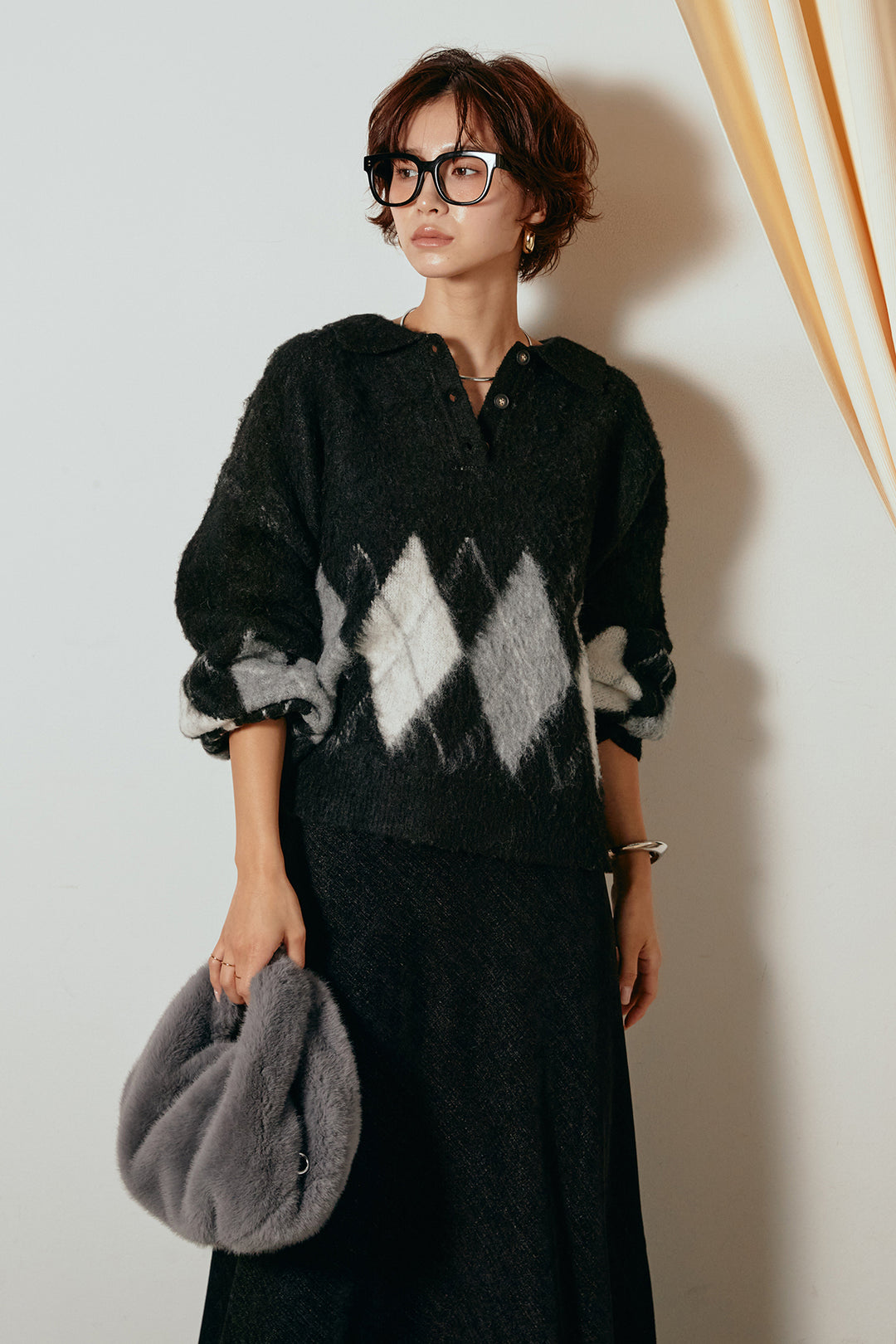 [SET]アーガイル柄ポロニットトップス+スウェードライクロングスカート(2set)