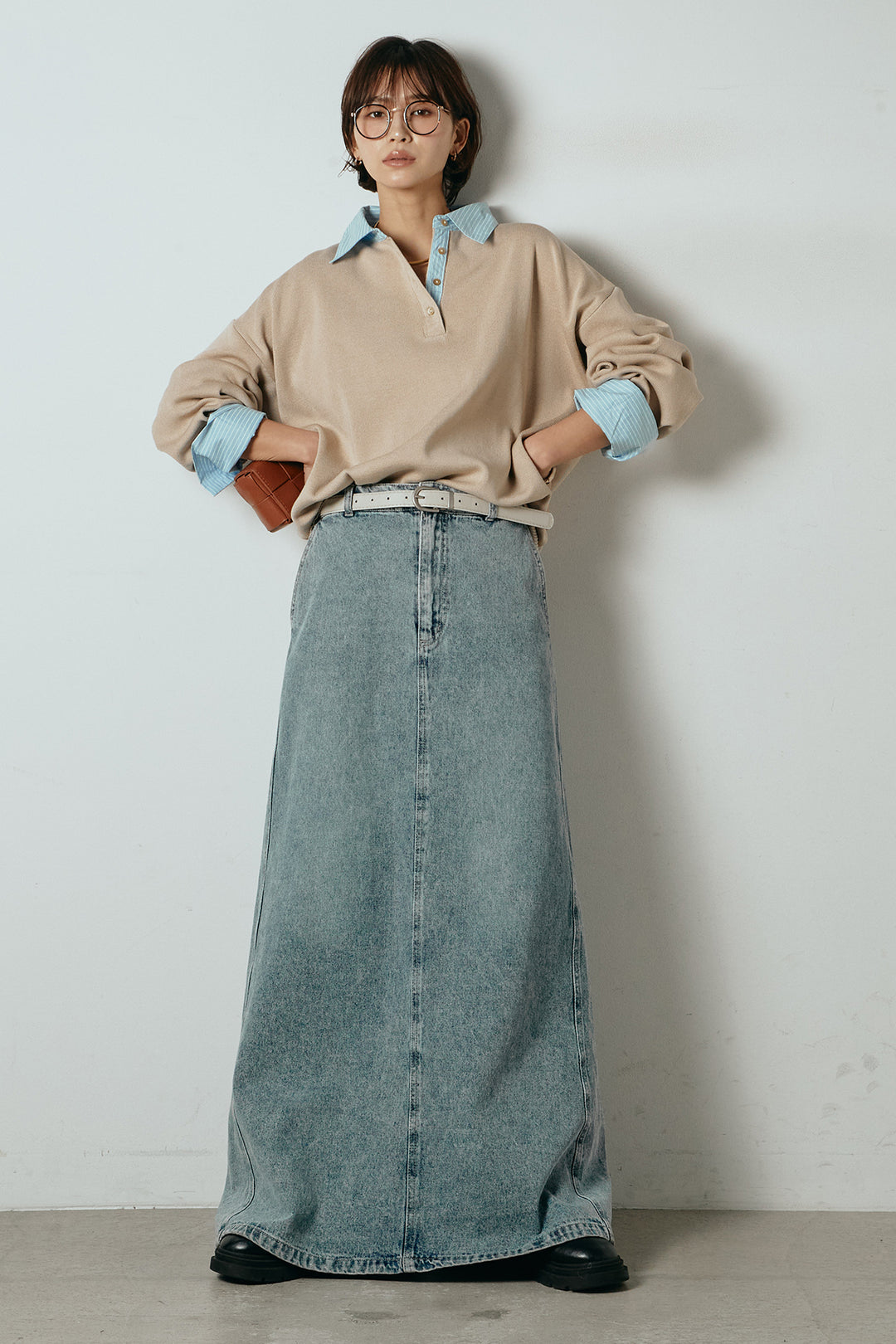 [SET]ストライプシャツドッキングポロトップス+デニムロングフレアスカート(2set)