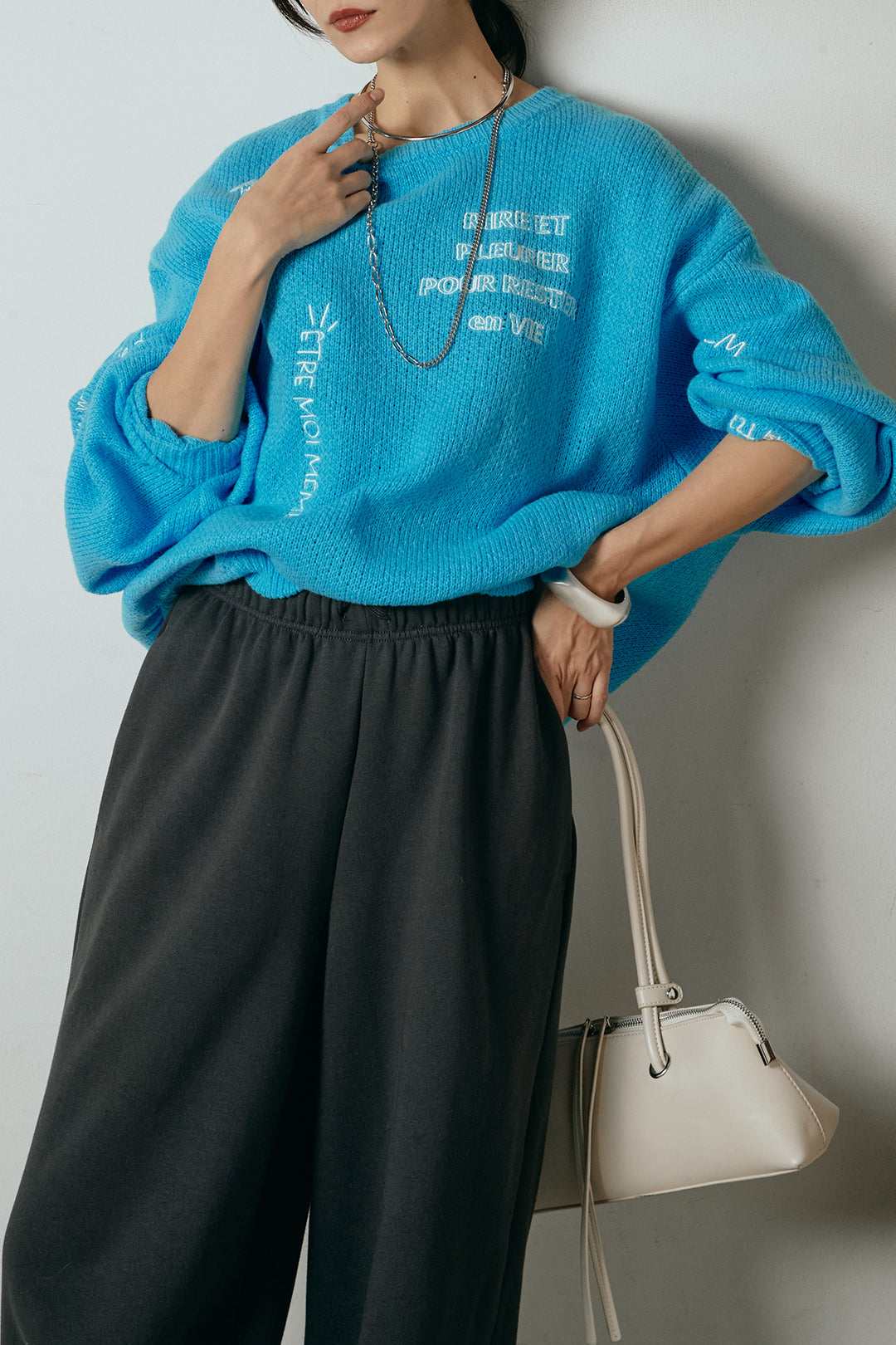 [SET]刺繍ロゴランダムデザインニットトップス+裏起毛スウェットワイドパンツ(2set)