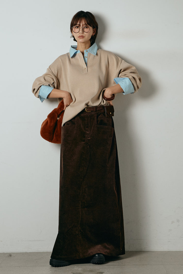 [SET]ストライプシャツドッキングポロトップス+ポーチベルト付きコーデュロイワイドスカート(2set)