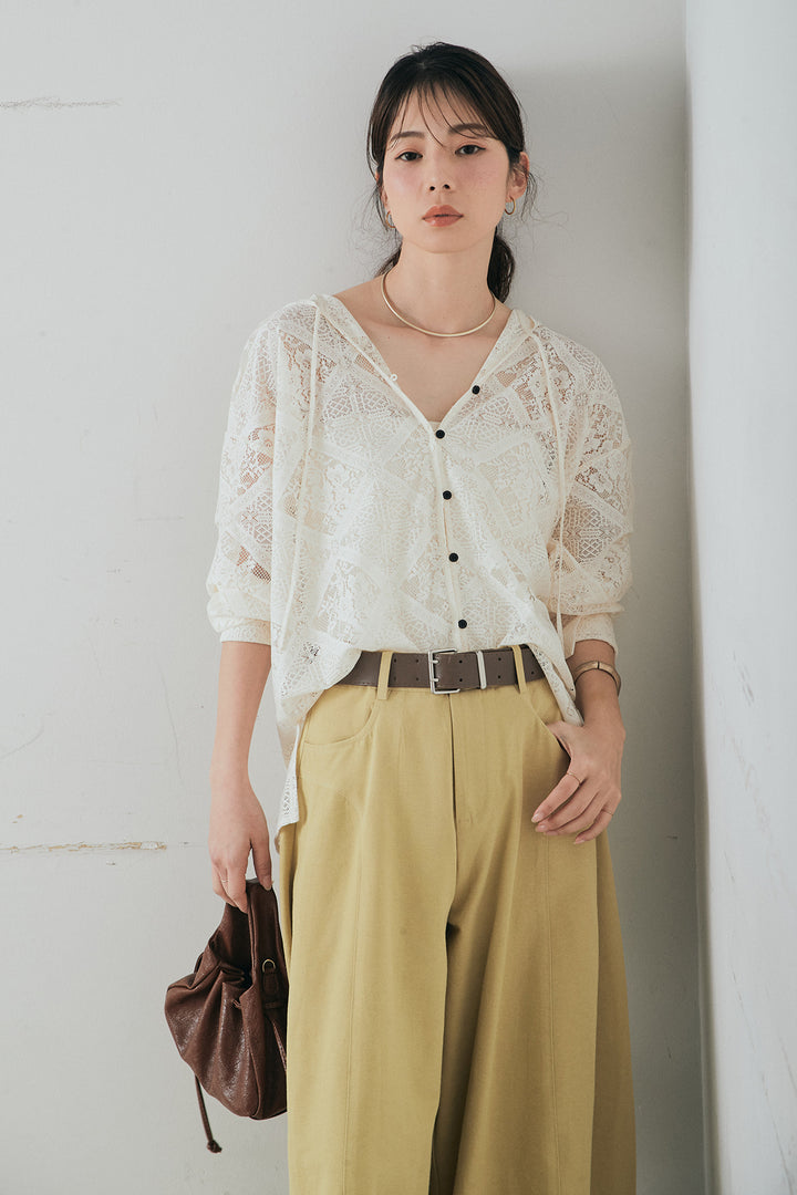 [SET]ブロックレースフード付きブラウス+ベルト付きサイドタックワイドパンツ(2set)