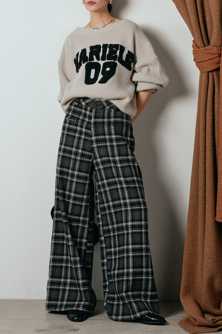 [SET]ロゴジャガードニットトップス+ルーズタータンチェックワイドパンツ(2set)