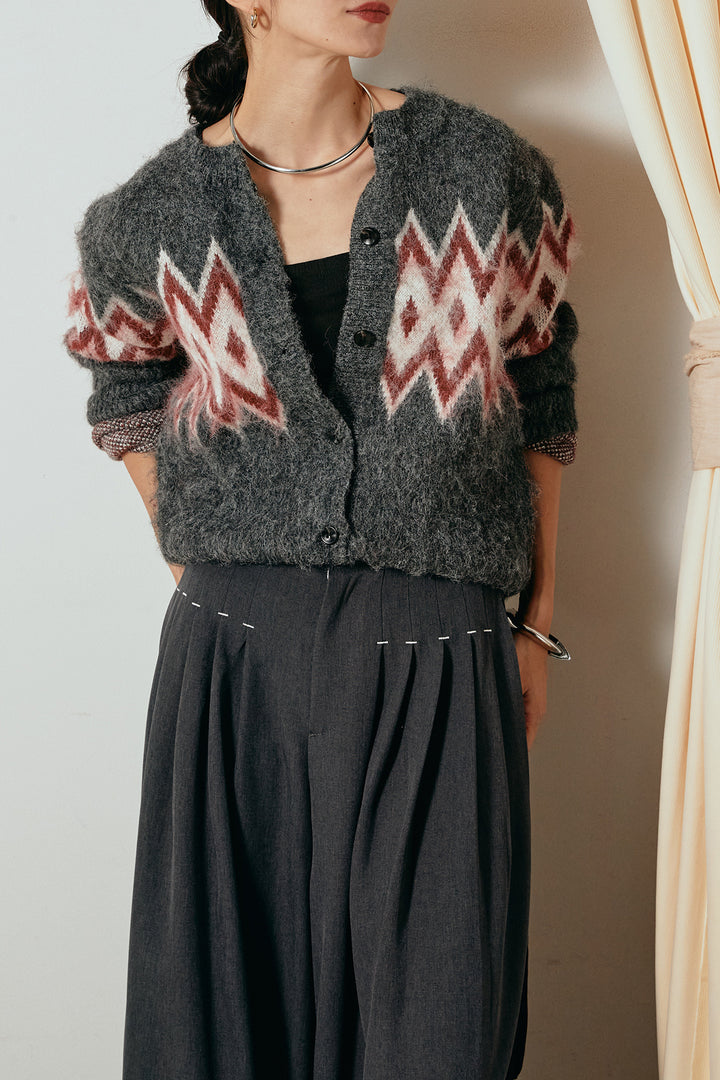 [SET]起毛ノルディック柄ニットカーディガン+ウエストステッチデザインワイドスラックス(2set)