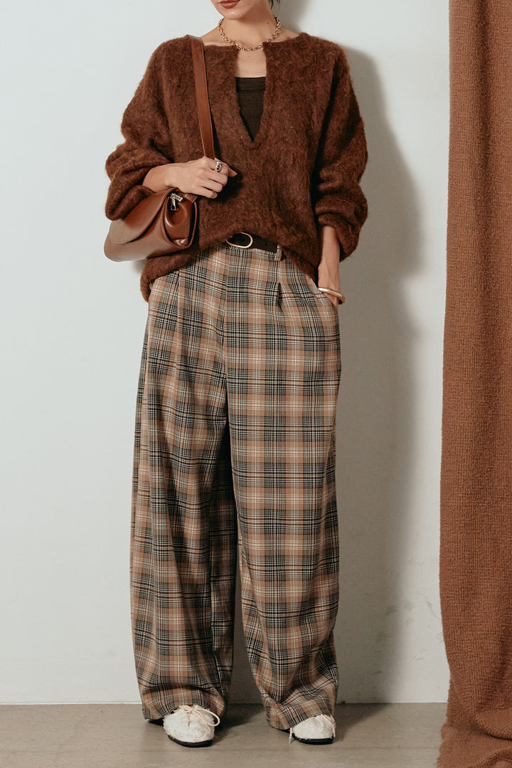 [SET]ミックスシャギー深Vニット+編みベルト付きタータンチェックワイドパンツ(2set)