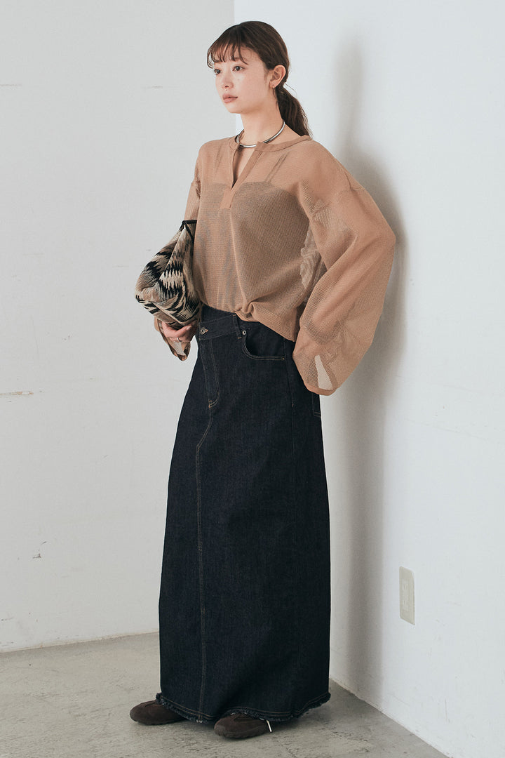 [SET]メッシュカットソースキッパープルオーバー+ウエストクロスデニムタイトスカート(2set)