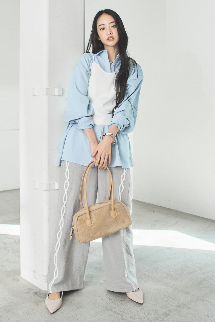 [SET]ニットキャミ付きシャツ+刺繡テープラインパンツ(2set)