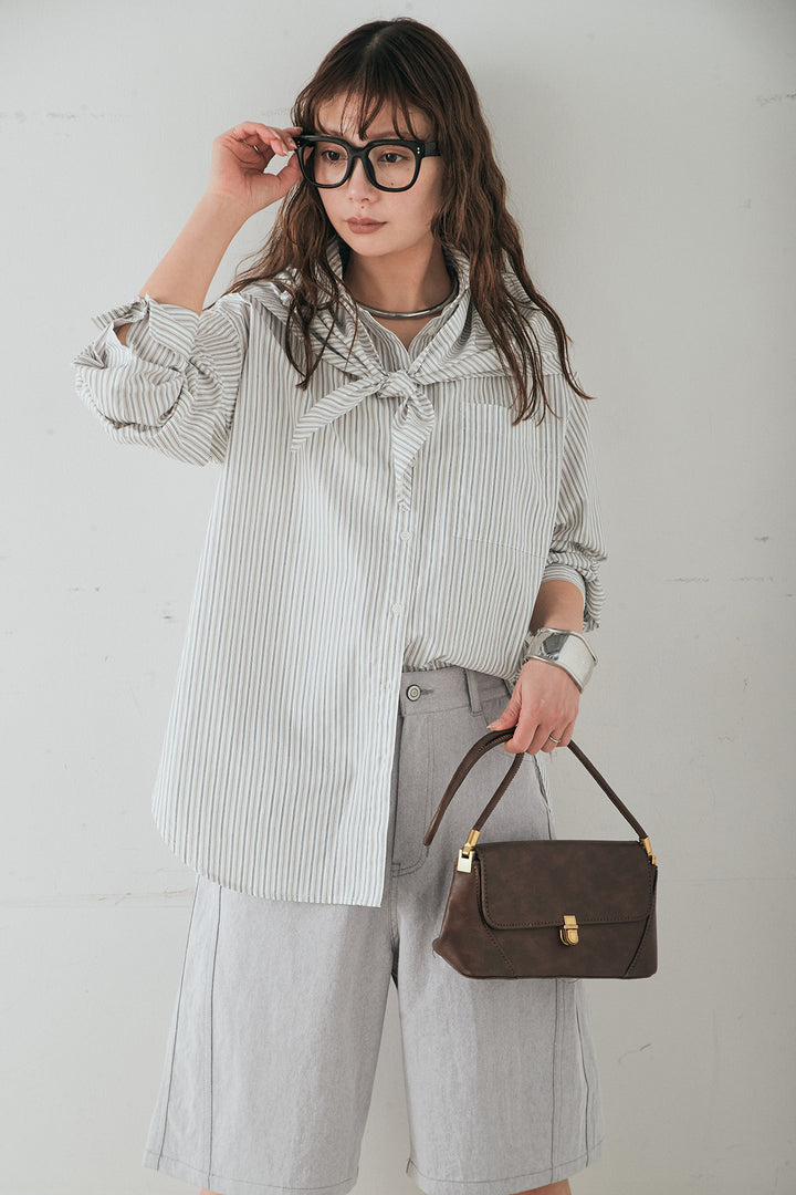 [SET]ランダムストライプスカーフ付きシャツ+デニムハーフパンツ(2set)