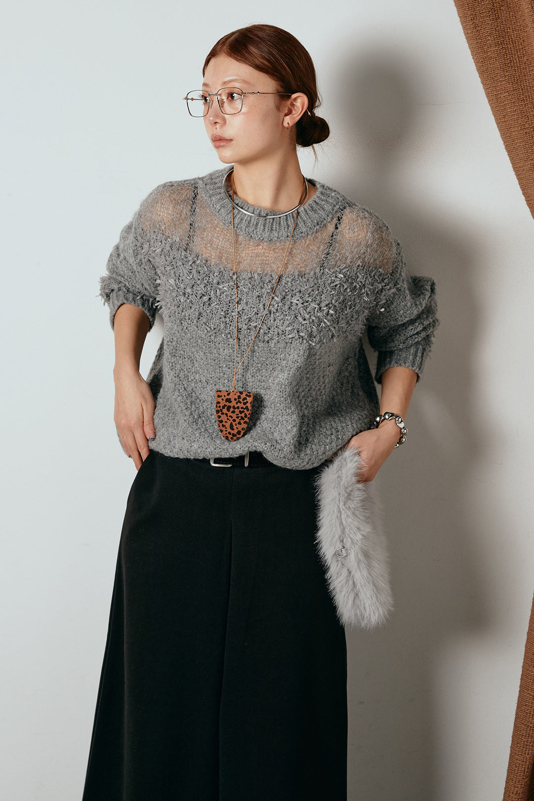 [SET]パターンランダム編みニットトップス+ベルト付きフロントタックデザインパンツ(2set)