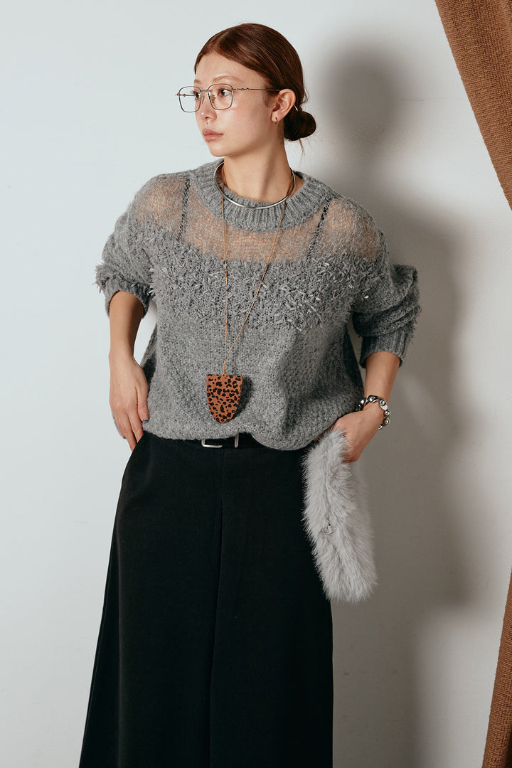 [SET]パターンランダム編みニットトップス+ベルト付きフロントタックデザインパンツ(2set)