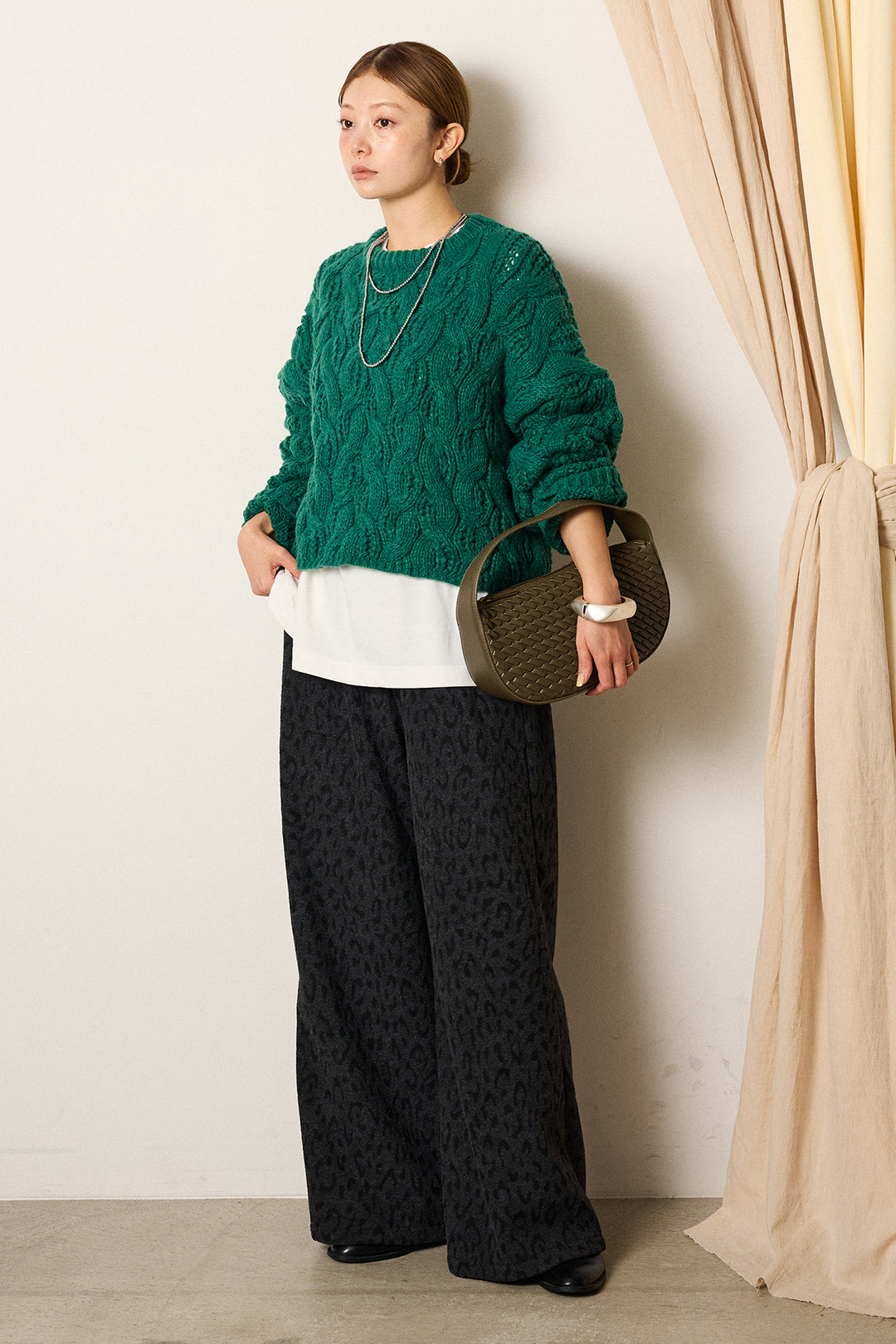 [SET]ケーブルリラックスショートニット+レオパードジャガードニットパンツ(2set)