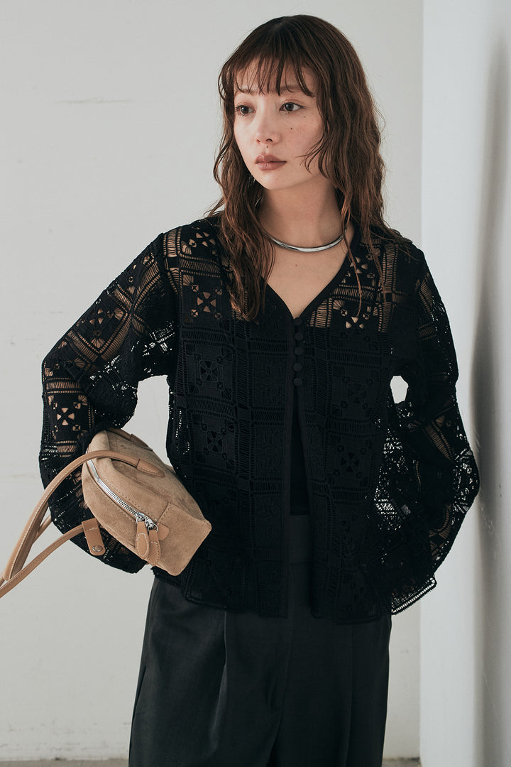 [SET]クロシェレースカーディガン+センタープレスセミワイドパンツ(2set)