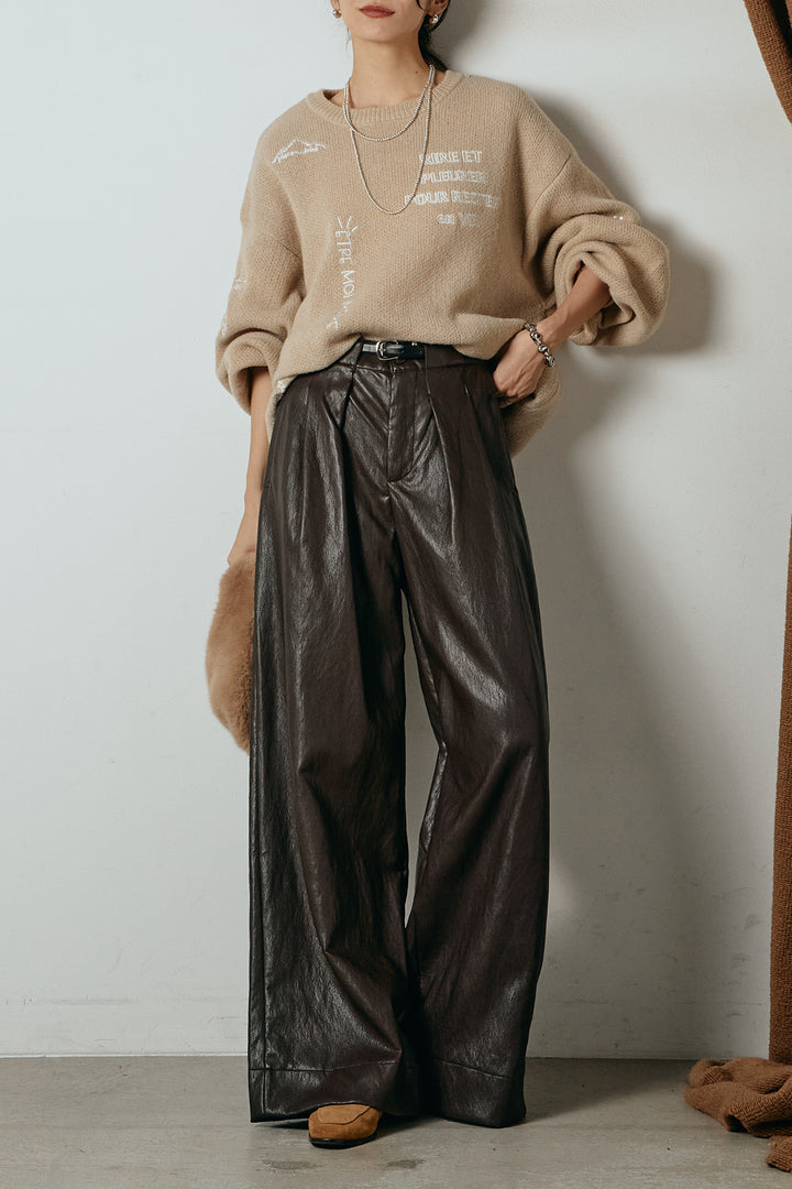 [SET]刺繍ロゴランダムデザインニットトップス+ベルト付きレザーライクタックパンツ(2set)