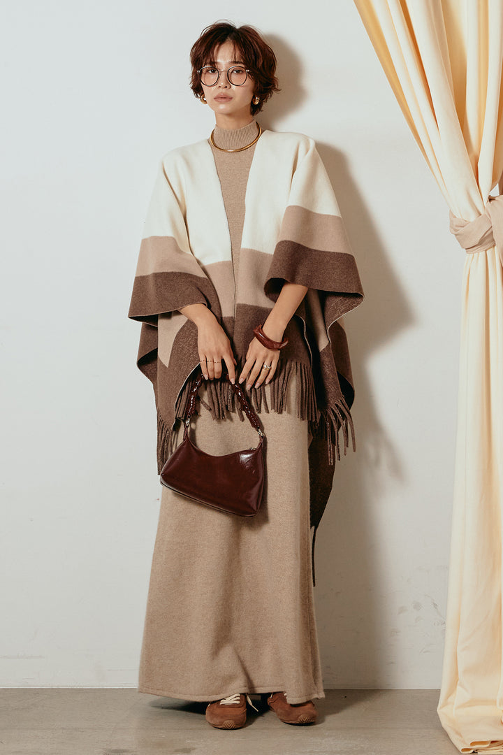 [SET]裾フリンジ柄ポンチョアウター+ノースリーブニットロングワンピース(2set)