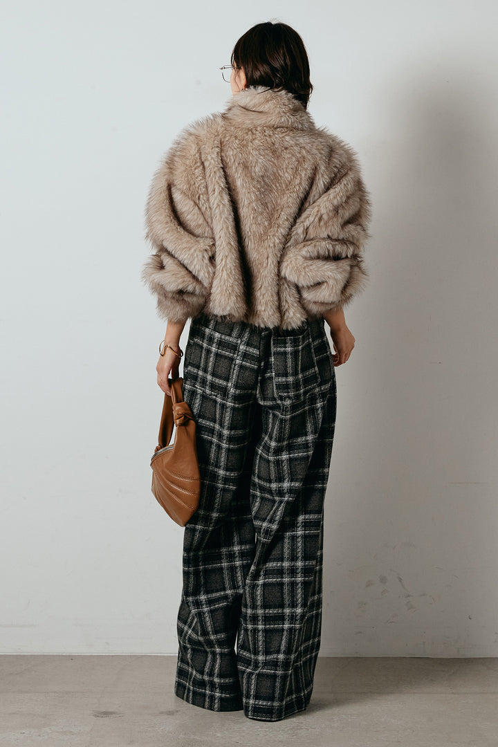 [SET]エコファーショート丈ブルゾン+ルーズタータンチェックワイドパンツ(2set)