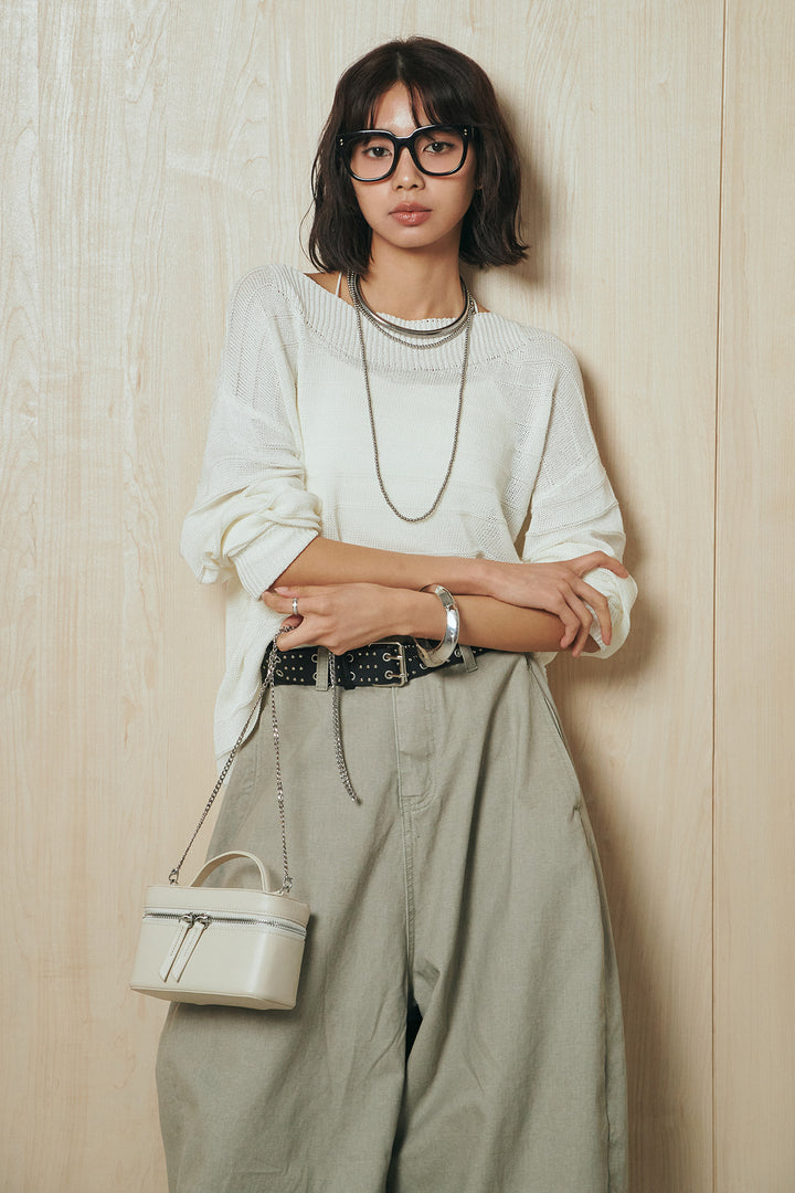 [SET]麻混リラックスニットトップス+ベルト付きカラーデニムパンツ(2set)