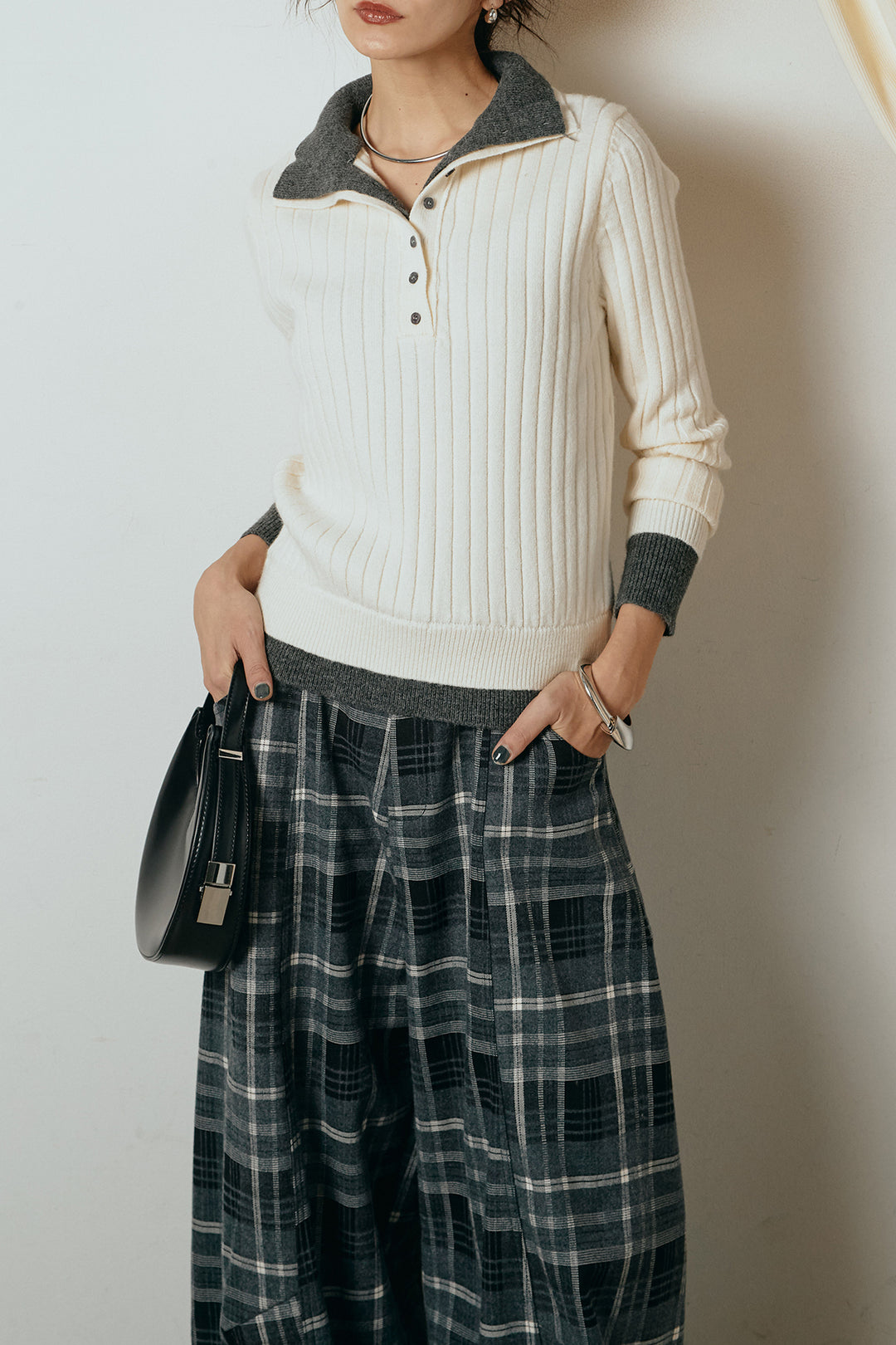 [SET]レイヤード風リブニットトップス+ベルト付きタータンチェックカーブワイドパンツ(2set)