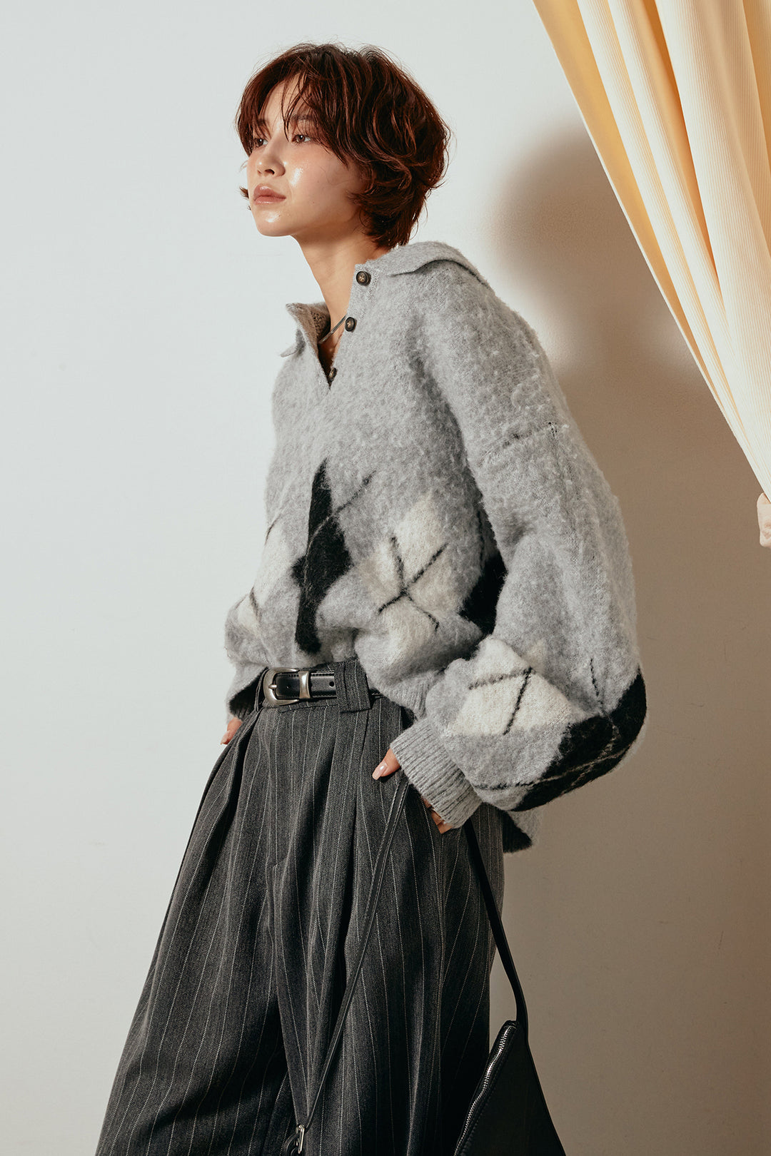 [SET]アーガイル柄ポロニットトップス+ストライプヘリンボーンパンツ(2set)