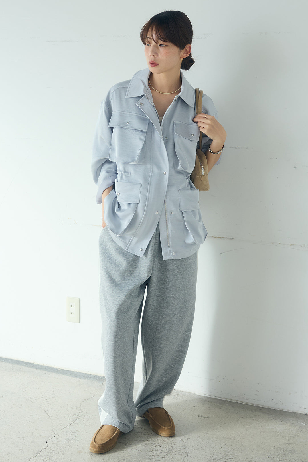 [SET]サテンライトブルゾン+異素材切り替えスウェットパンツ(2set)