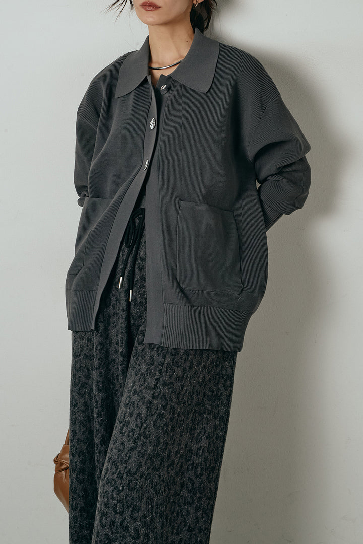 [SET]メタル釦衿付きニットカーディガン+リラックスレオパード柄ワイドパンツ(2set)