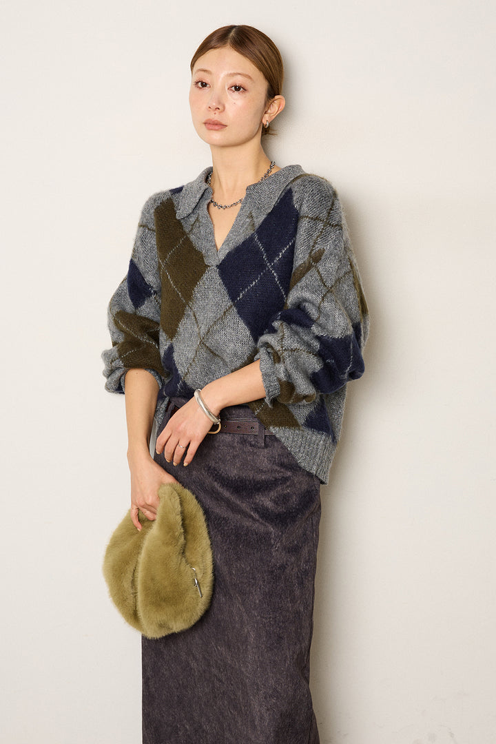 [SET]アクリルモヘアアーガイルキーネックプルオーバー+ロープベルト付きスウェード調スカート(2set)