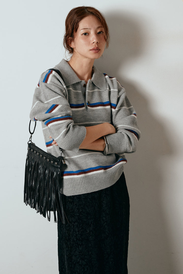 [SET]襟付きマルチボーダーニットポロトップス+花柄刺繍ベロアフレアスカート(2set)