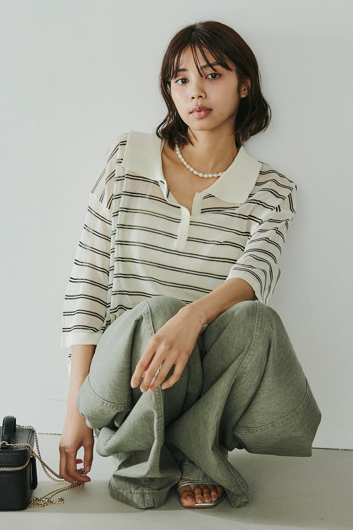 [SET]ボーダーニットポロシャツ+サイドベルトカーブワイドパンツ(2set)