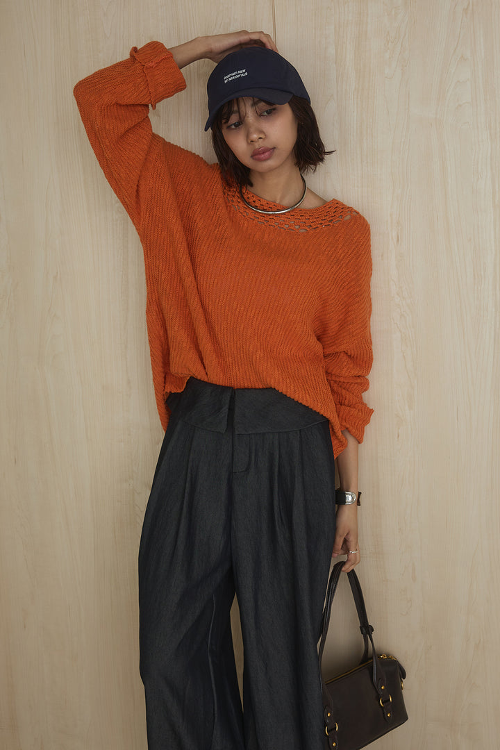 [SET]ネック編みデザインニットトップス+ウエスト折り返しワイドパンツ(2set)